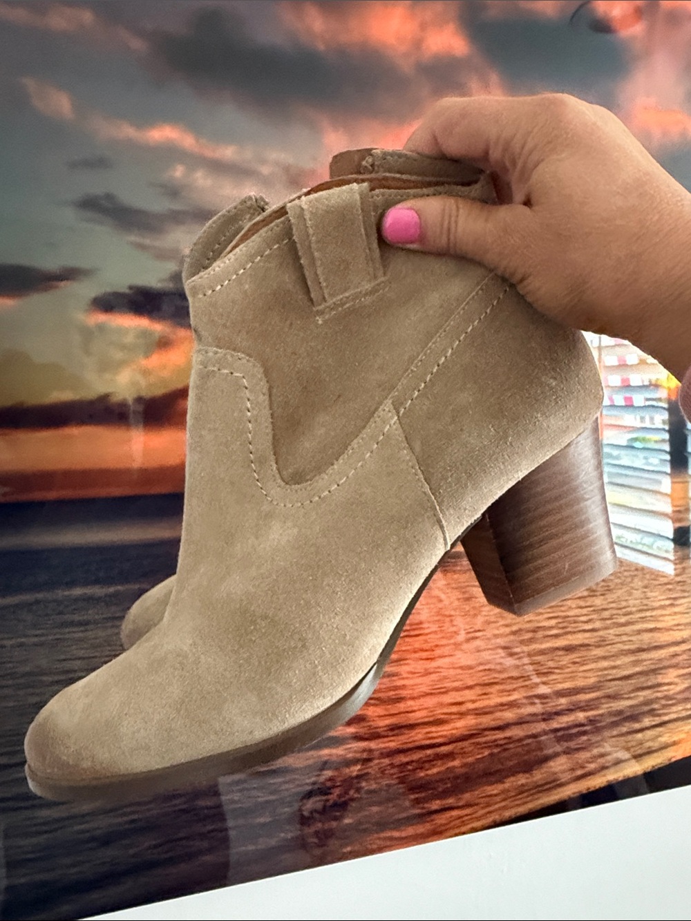 Zodiac Tan Suede Ankle Booties with Stacked Heel